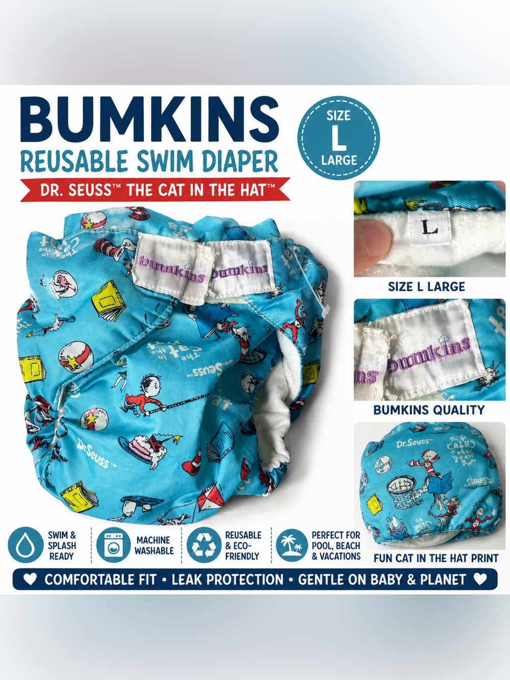 Bumkins Blue Dr. Seuss Cat in the Hat Reusable Swim Diaper - Large